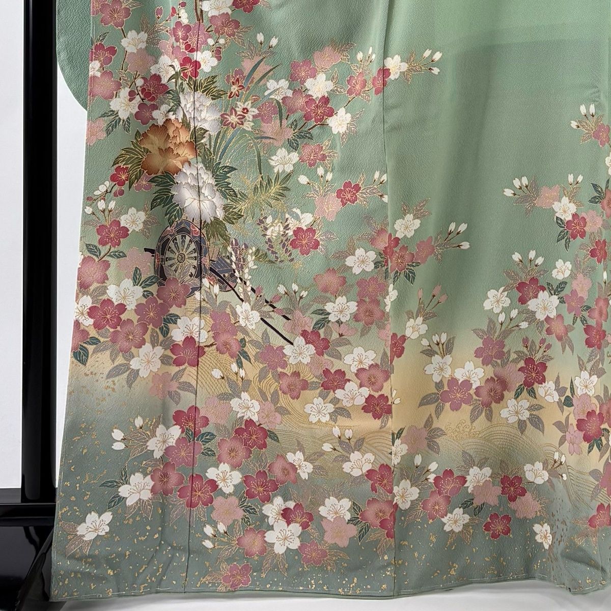 振袖 身丈168.5 cm 裄丈69 L 袷 鈴乃屋 花車 桜 金彩 ぼかし 薄緑 正絹
