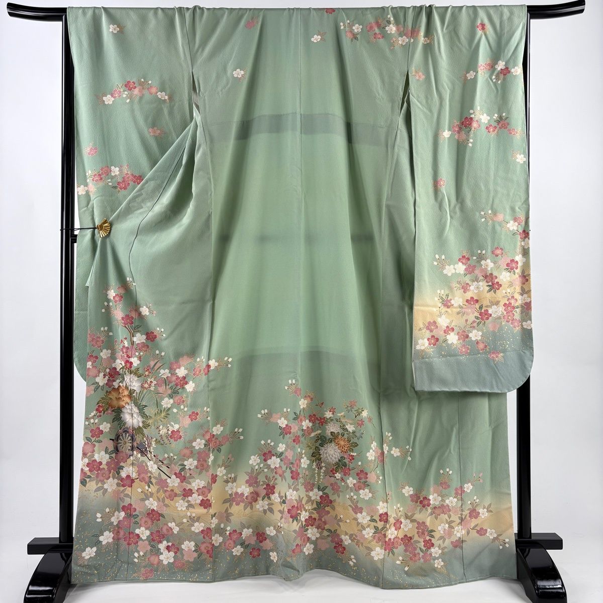 振袖 身丈168 5 cm 裄丈69 L 袷 鈴乃屋 花車 桜 金彩 ぼかし 薄緑 正絹