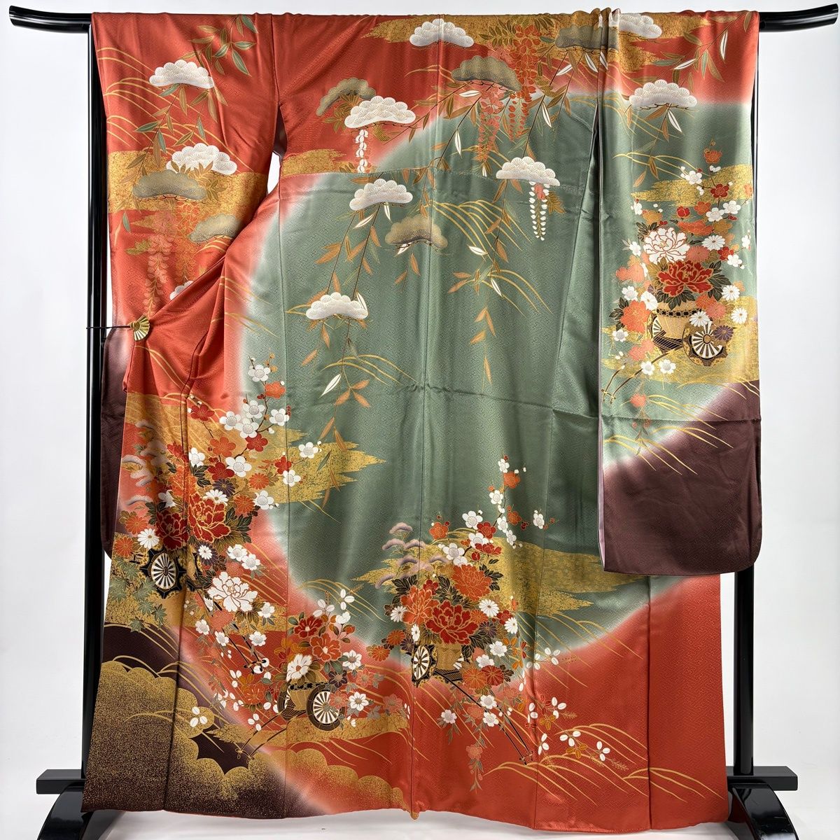 振袖 身丈165 cm 裄丈70.5 L 袷 花車 波 金糸 金彩 朱色 正絹