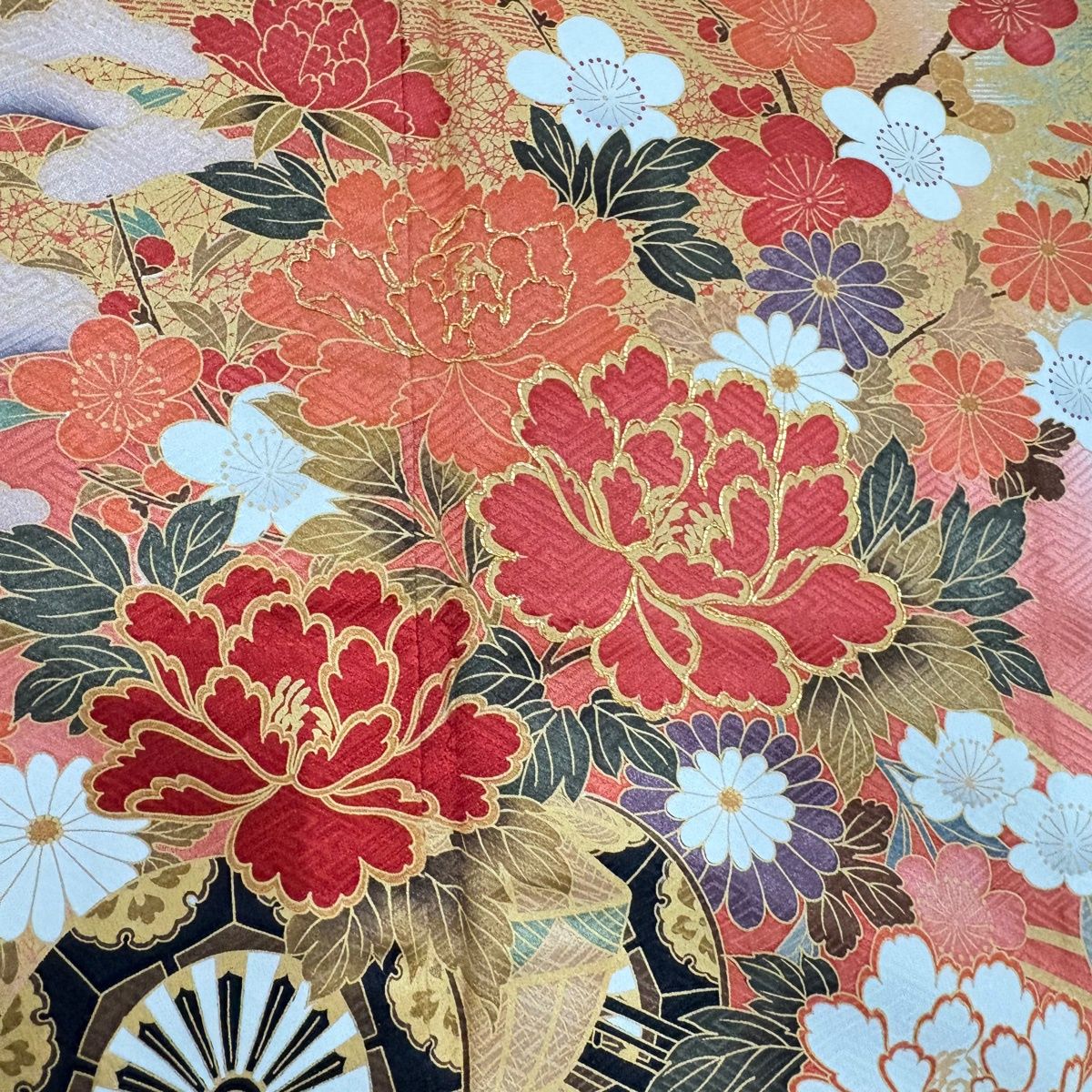  振袖 身丈165 cm 裄丈70.5 L 袷 花車 波 金糸 金彩 朱色 正絹 振袖 着物