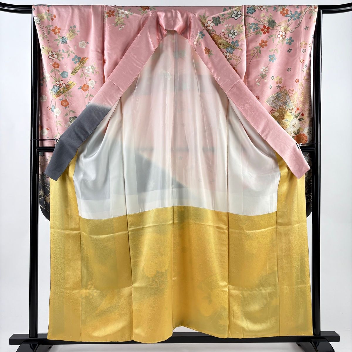  振袖 身丈157 cm 裄丈66 M 袷 檜扇 桜 金糸 金彩 ピンク 正絹 振袖 着物