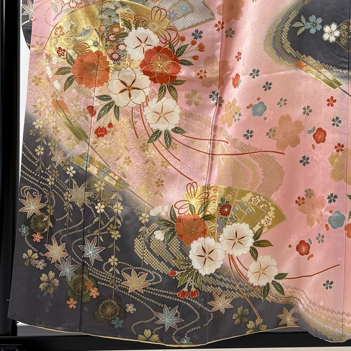 振袖 身丈157 cm 裄丈66 M 袷 檜扇 桜 金糸 金彩 ピンク 正絹