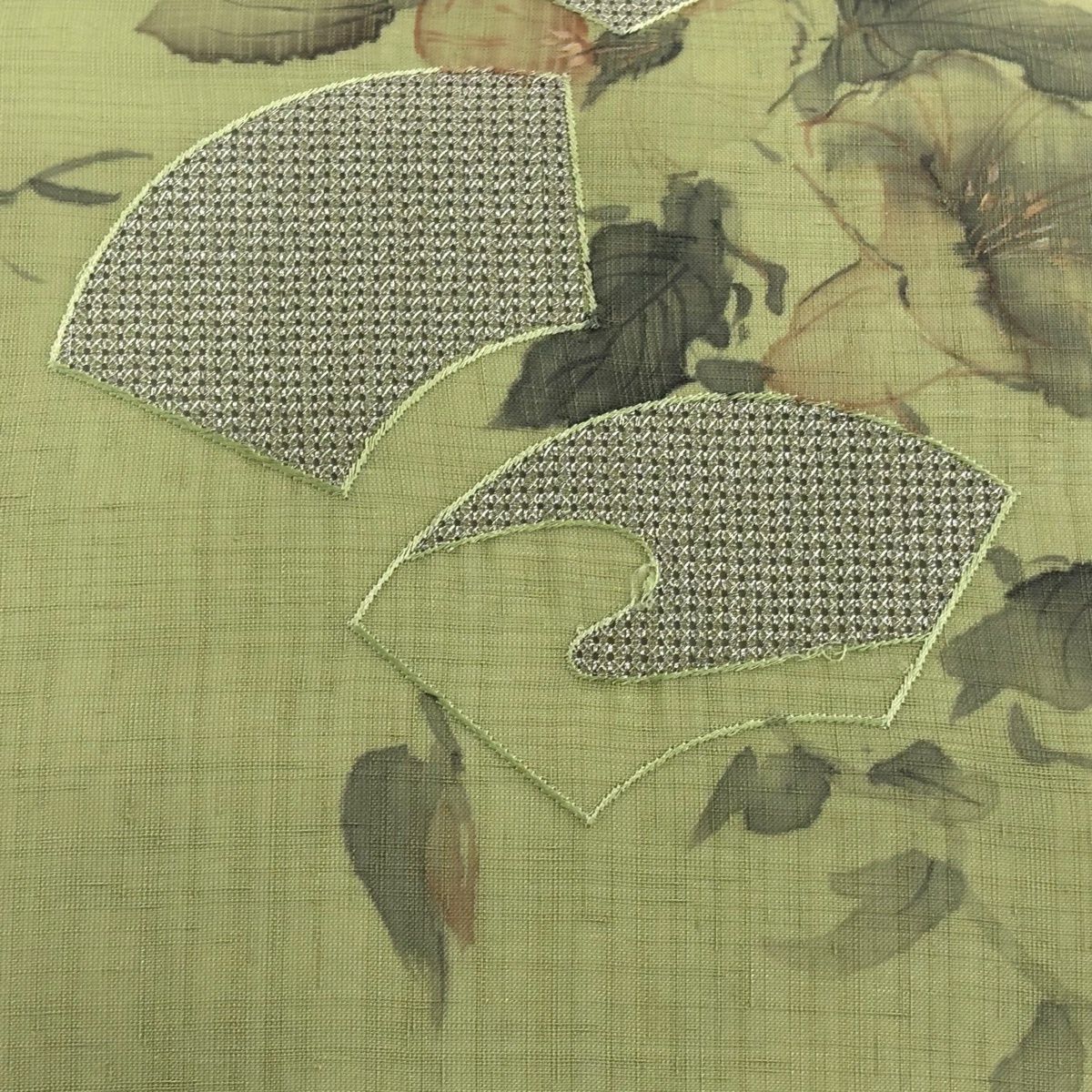 名古屋帯 秀品 扇面 朝顔 銀糸 刺繍 薄緑 正絹