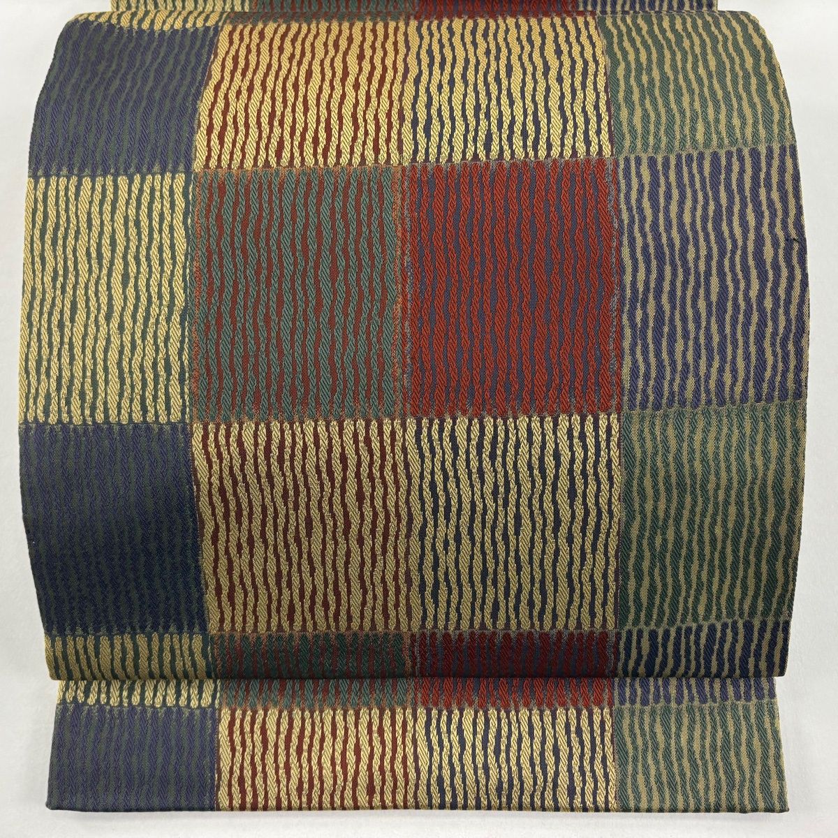 袋帯 秀品 縞 変わり市松 ベージュ 全通 正絹