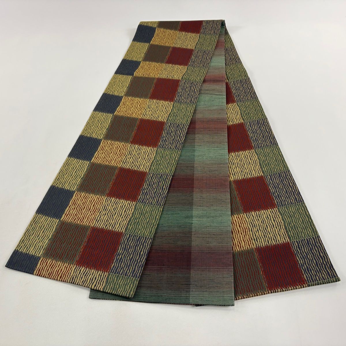  袋帯 秀品 縞 変わり市松 ベージュ 全通 正絹 袋帯 帯