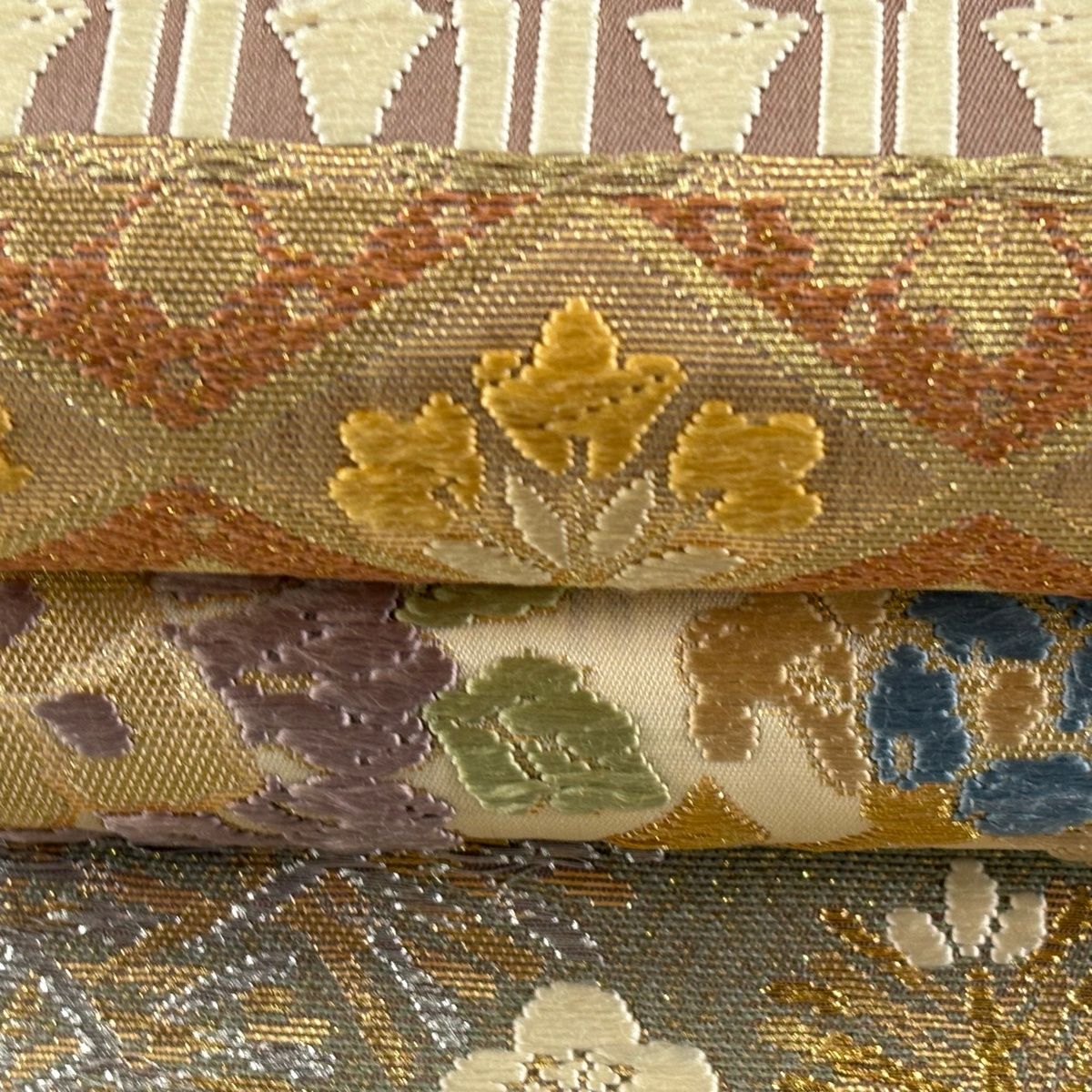  袋帯 秀品 落款 草花 段縞 金銀糸 箔 ベージュ 六通 正絹 袋帯 帯
