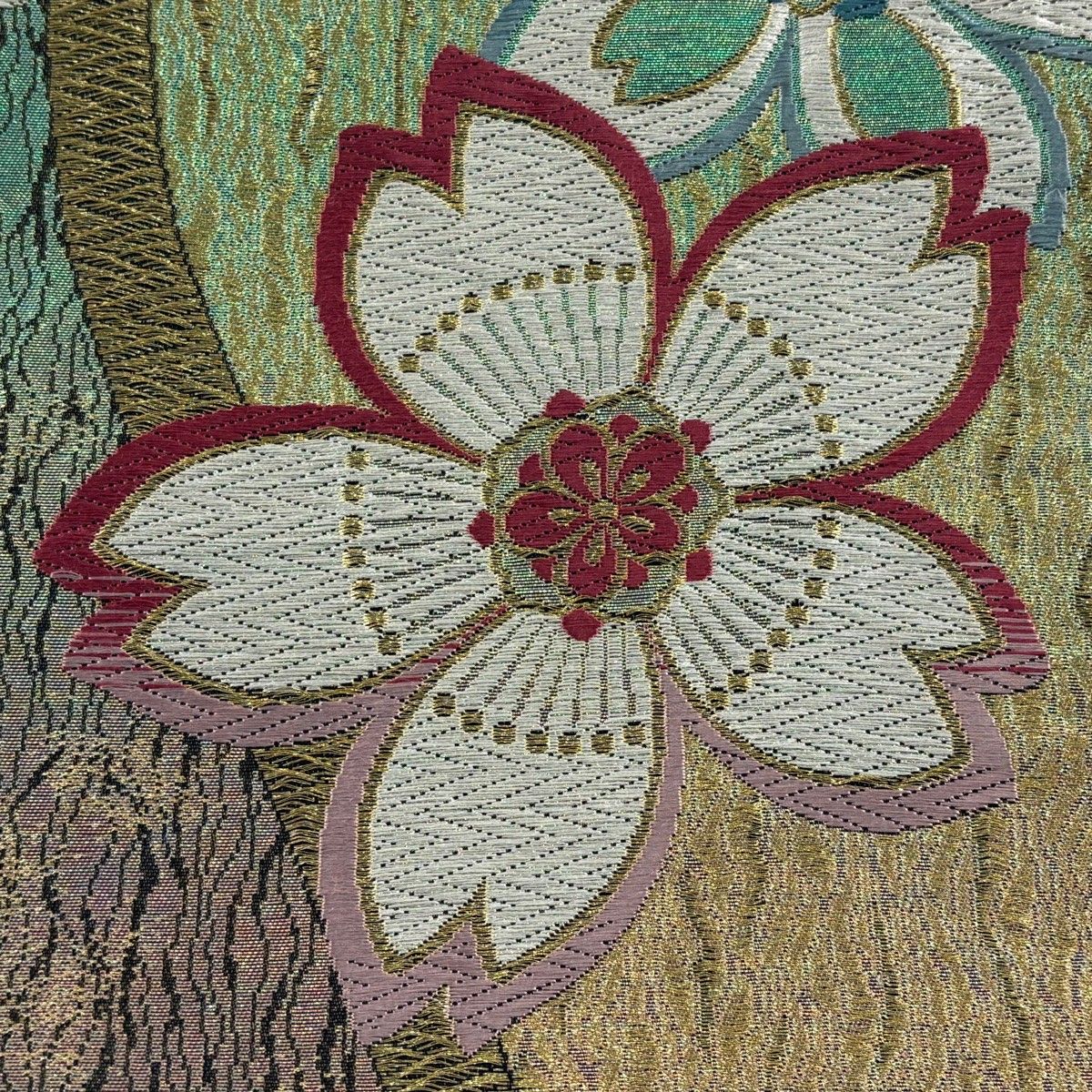 袋帯 秀品 振袖向き 桜 金糸 箔 金色 六通 正絹