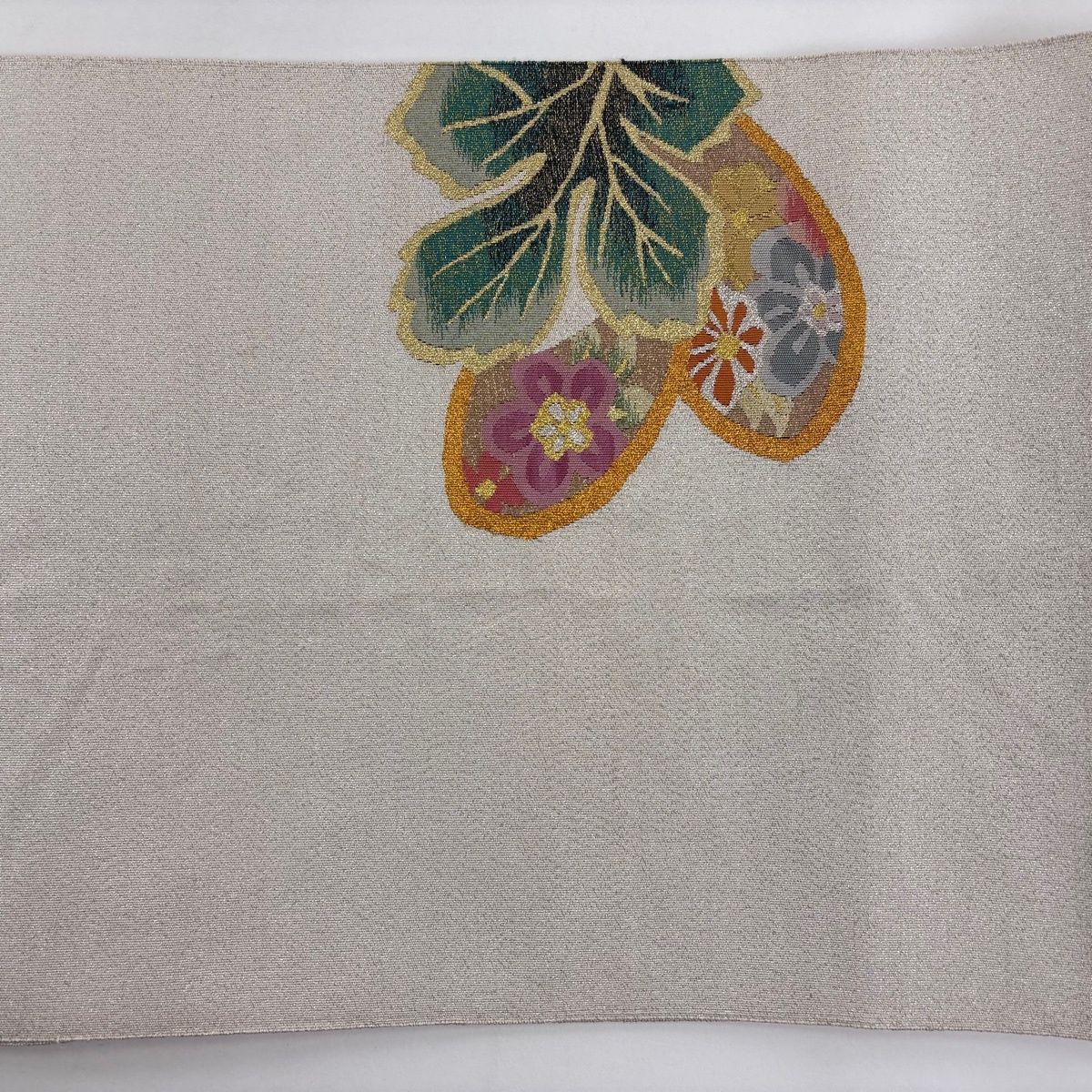  名古屋帯 秀品 八寸名古屋帯 松葉仕立て 鈴乃屋 草花 霞 金銀糸 白 正絹 名古屋帯 帯