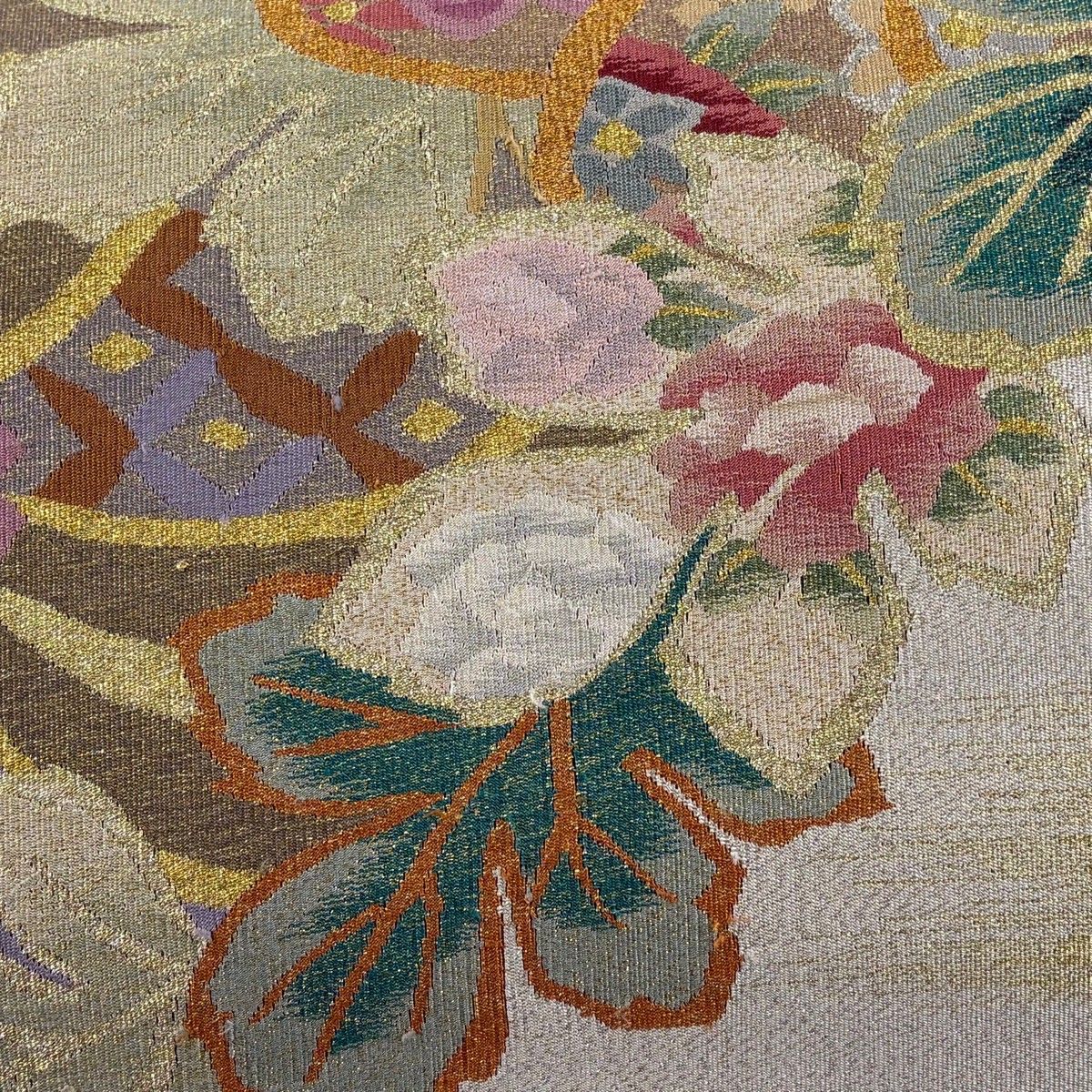 名古屋帯 秀品 八寸名古屋帯 松葉仕立て 鈴乃屋 草花 霞 金銀糸 白 正絹