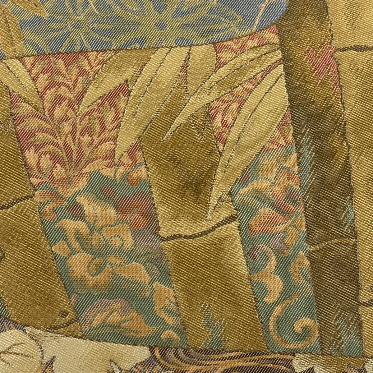 袋帯 秀品 竹 草花 箔 黄土色 お太鼓柄 正絹
