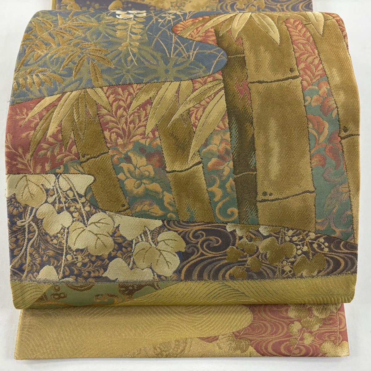 袋帯 秀品 竹 草花 箔 黄土色 お太鼓柄 正絹