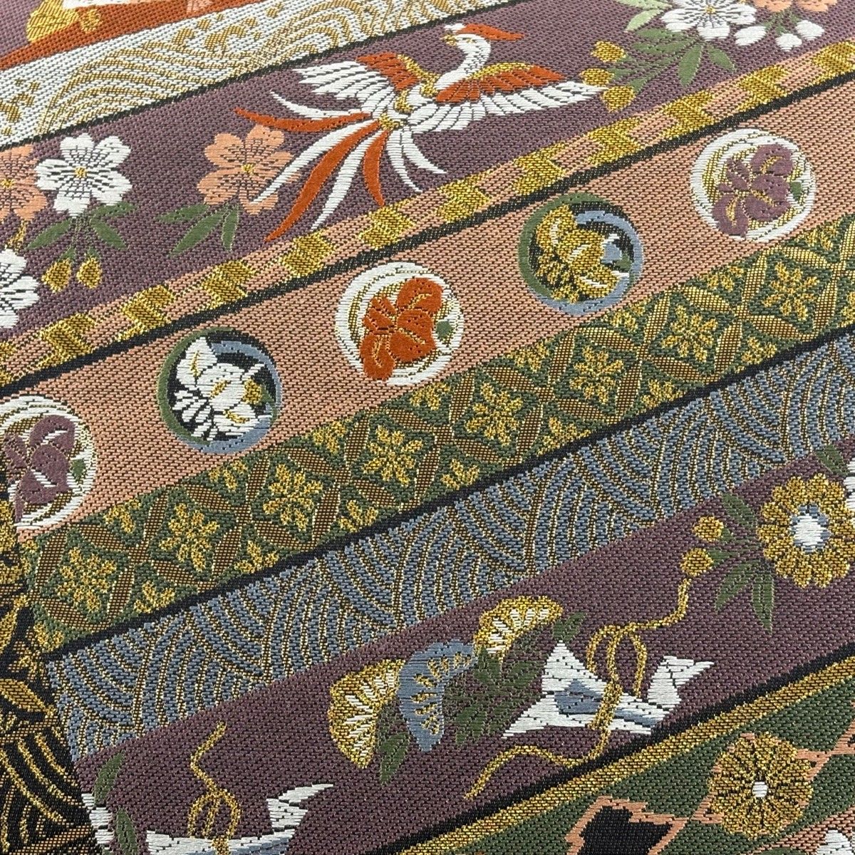 袋帯 秀品 花鳥 扇 金糸 箔 紫 六通 正絹