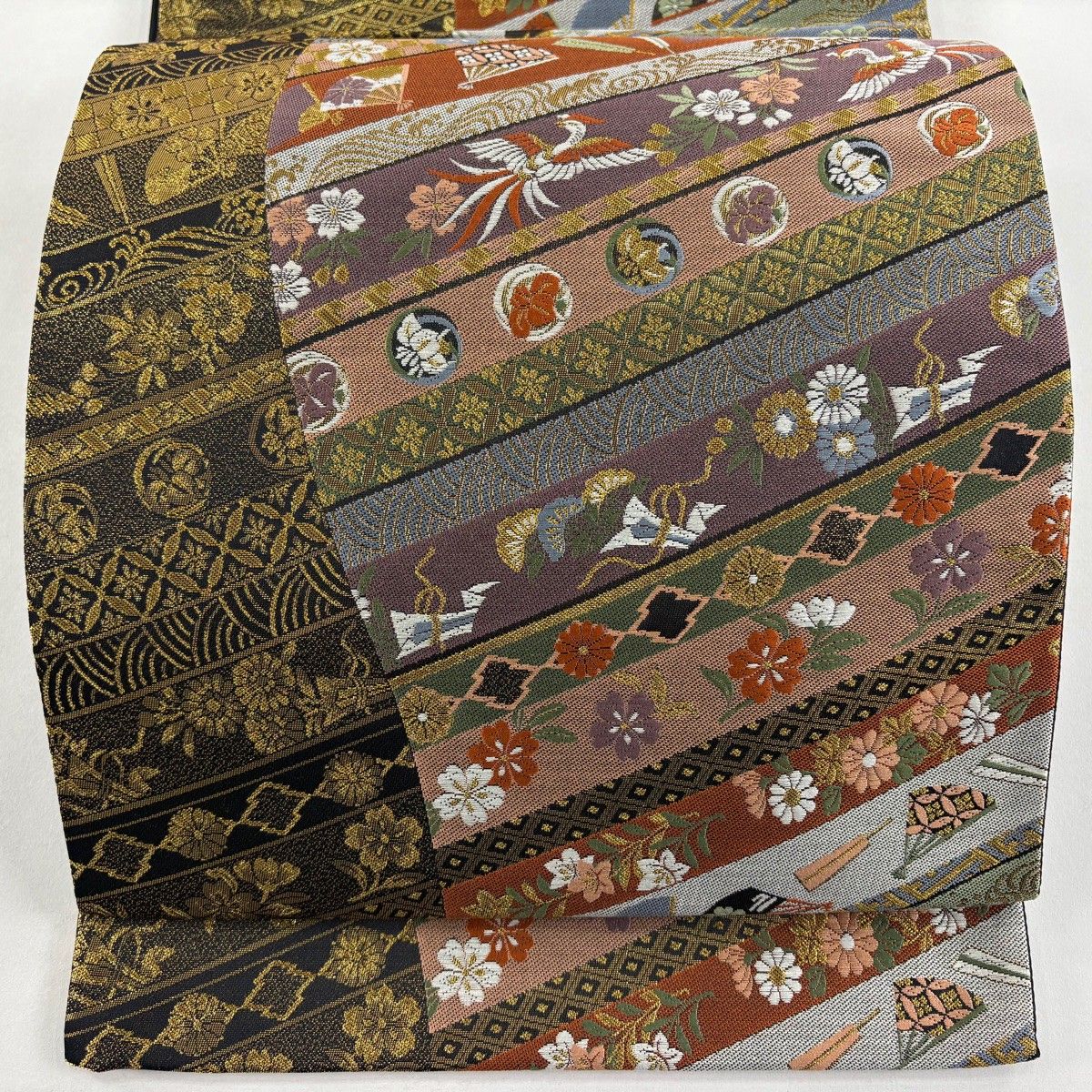 袋帯 秀品 花鳥 扇 金糸 箔 紫 六通 正絹