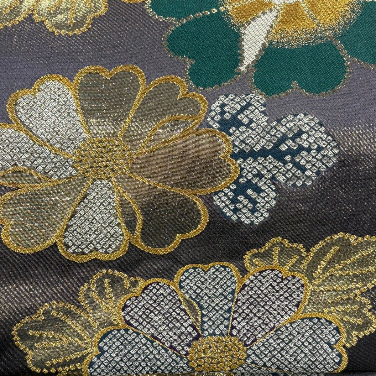 袋帯 秀品 菊 疋田柄 箔 灰紫 六通 正絹