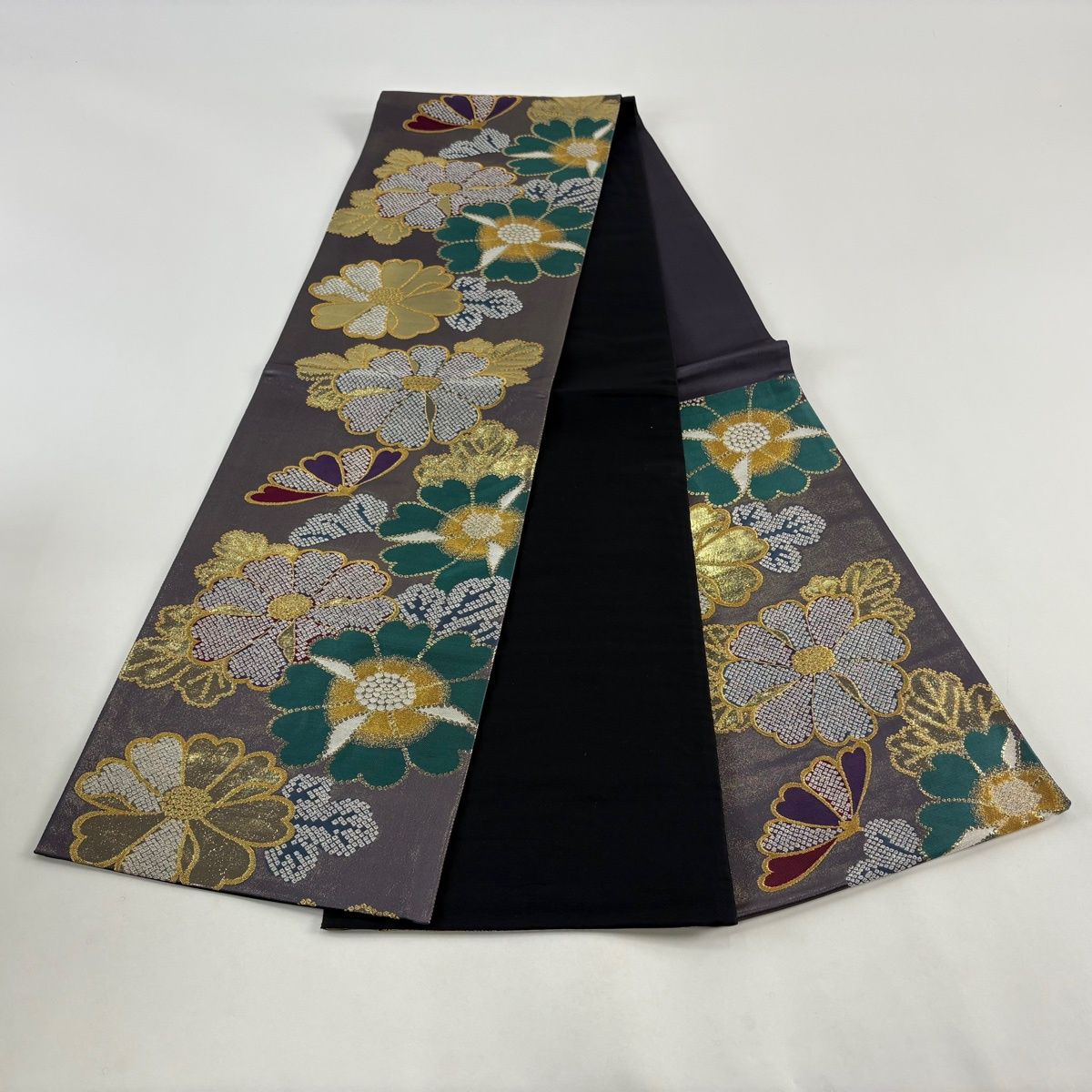  袋帯 秀品 菊 疋田柄 箔 灰紫 六通 正絹 袋帯 帯