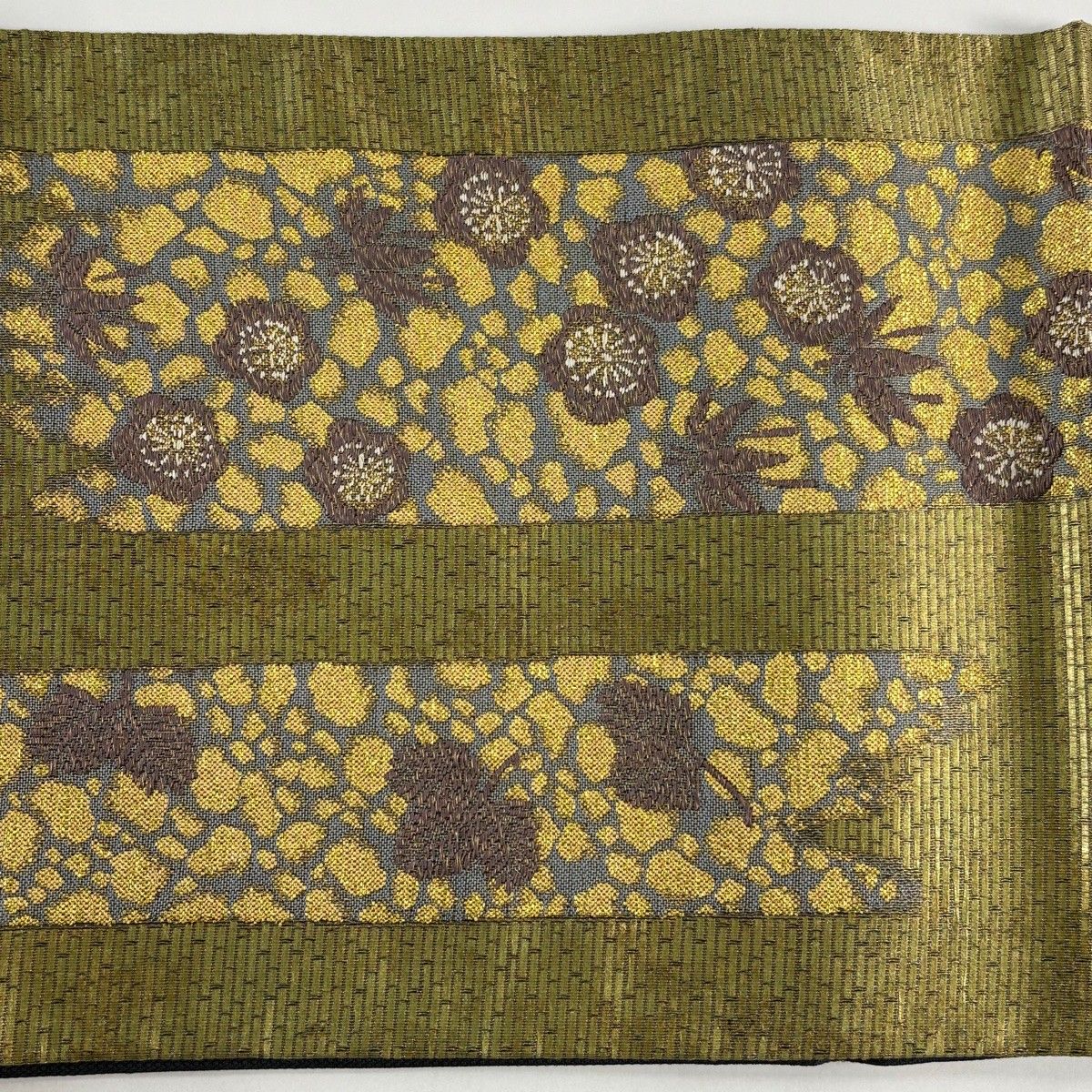  袋帯 秀品 松竹梅 短冊 金糸 箔 茶緑色 六通 正絹 袋帯 帯