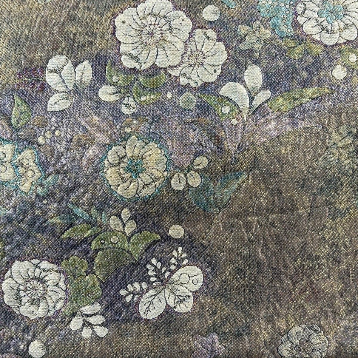 袋帯 秀品 やまと 草花 椿 箔 ぼかし 灰紫 六通 正絹