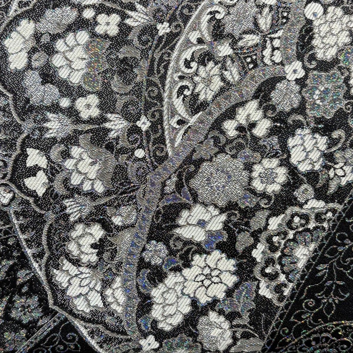 袋帯 秀品 正倉院花紋重ね 箔 銀糸 黒 六通 正絹
