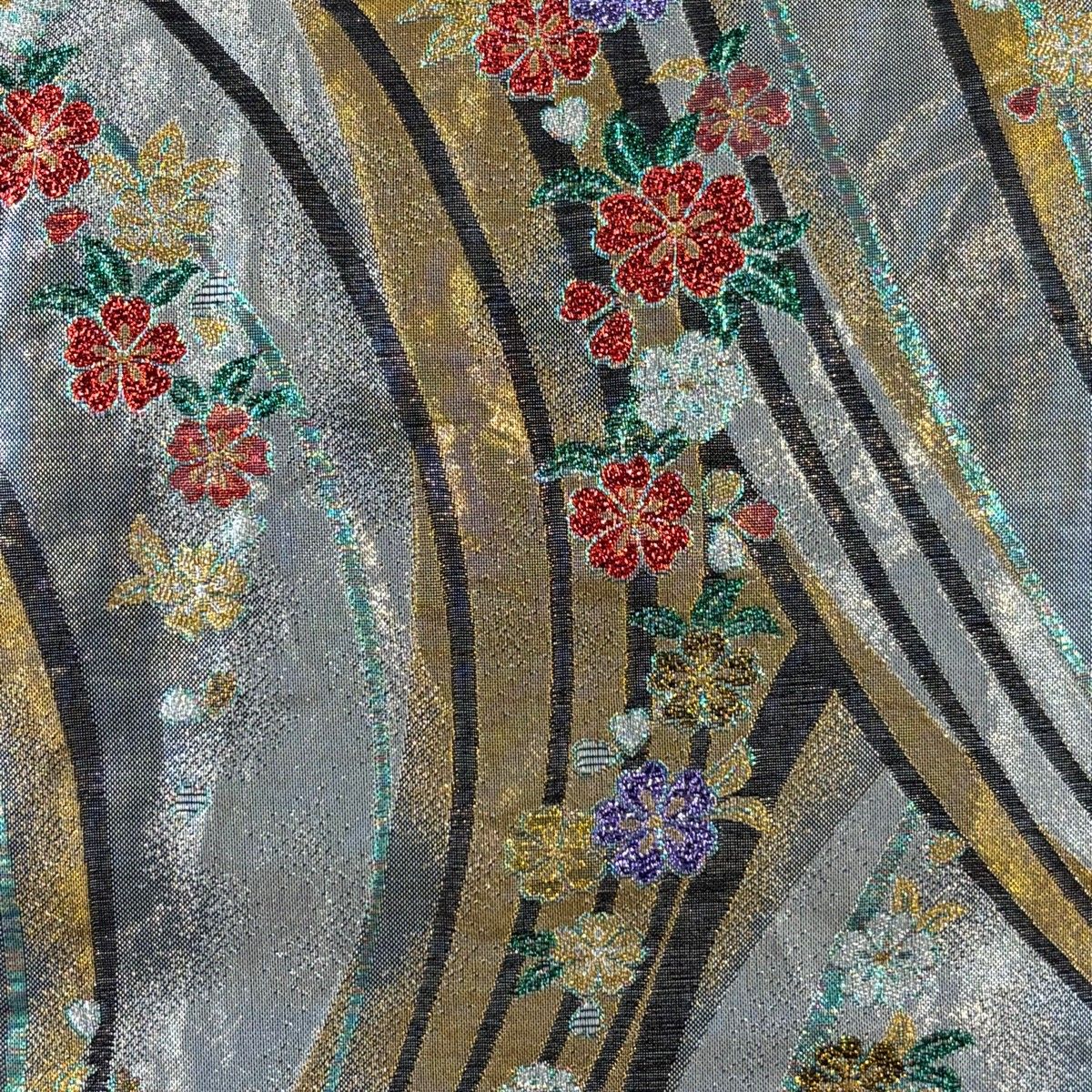 袋帯 秀品 桜 よろけ縞 箔 青灰色 六通 正絹