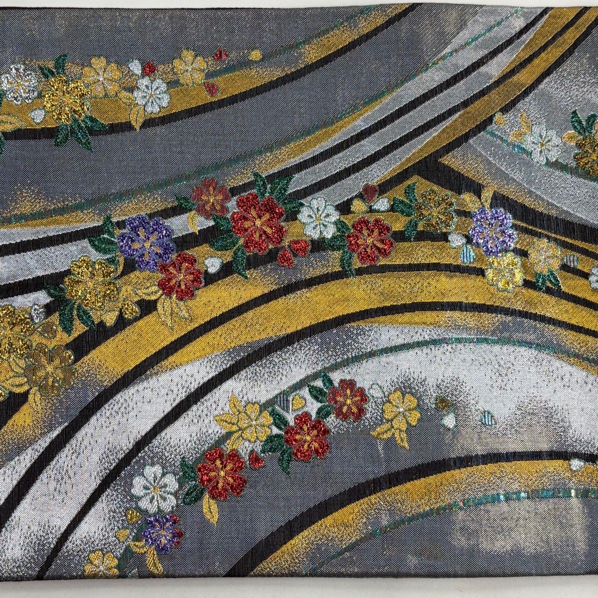  袋帯 秀品 桜 よろけ縞 箔 青灰色 六通 正絹 袋帯 帯