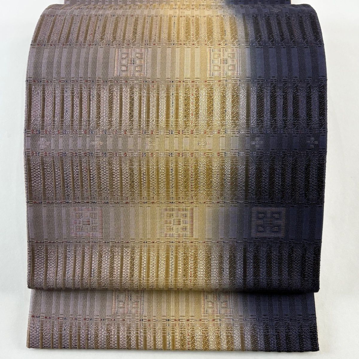 袋帯 秀品 縞 幾何学模様 金糸 ぼかし 紫 六通 正絹