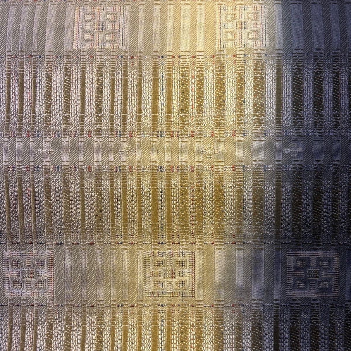 袋帯 秀品 縞 幾何学模様 金糸 ぼかし 紫 六通 正絹