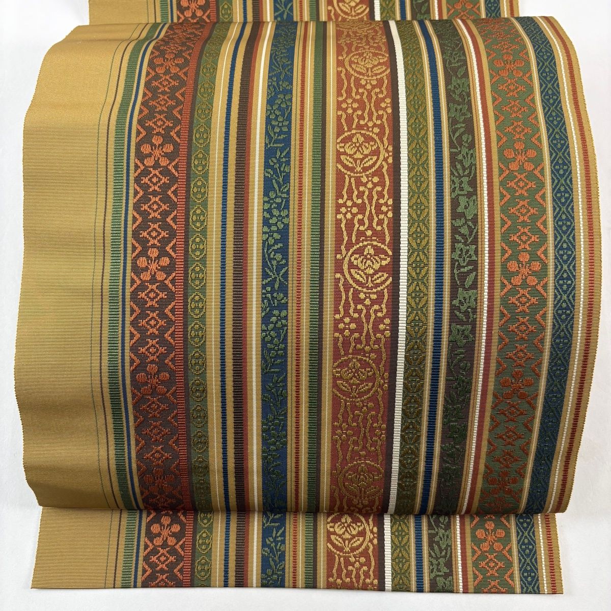 名古屋帯 秀品 松葉仕立て 八寸名古屋帯 縞 鉢梅 山吹茶色 正絹