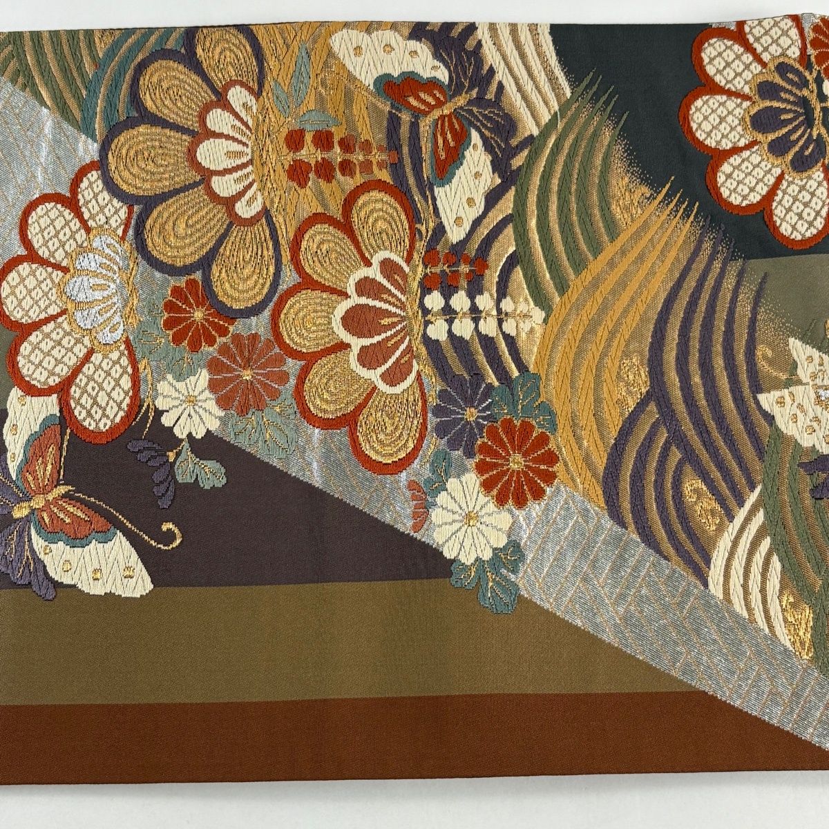 美品】 袋帯 秀品 笠松 蝶 唐織 金銀糸 茶色 六通 正絹 【中古