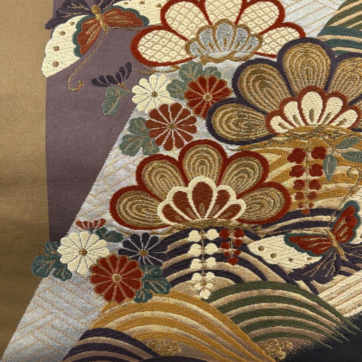 美品】 袋帯 秀品 笠松 蝶 唐織 金銀糸 茶色 六通 正絹 【中古