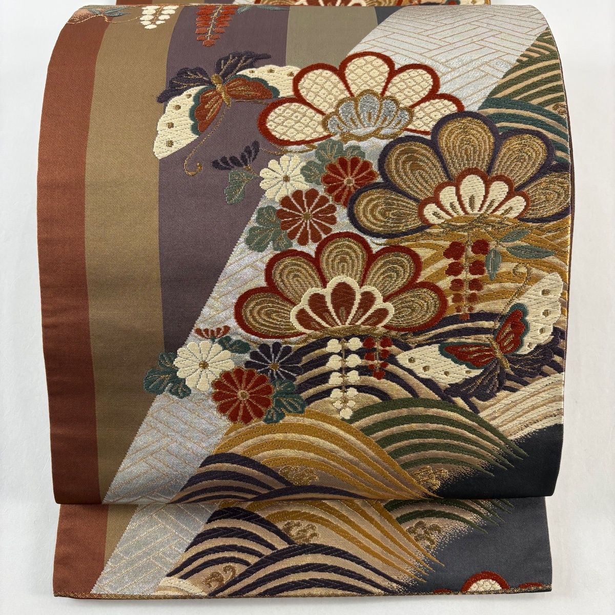 美品】 袋帯 秀品 笠松 蝶 唐織 金銀糸 茶色 六通 正絹 【中古