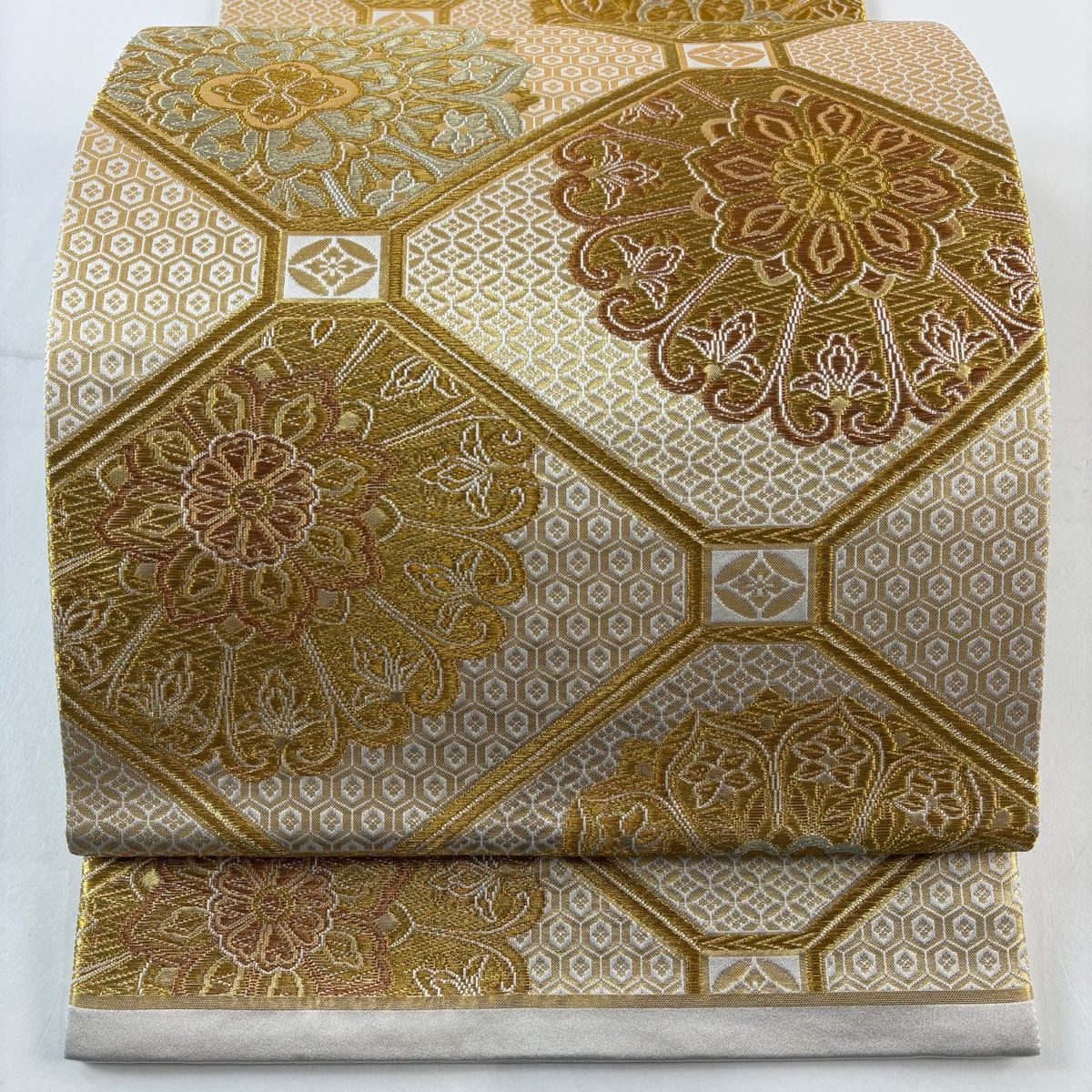 袋帯 秀品 蜀江文 華文 唐織 箔 金色 全通 正絹