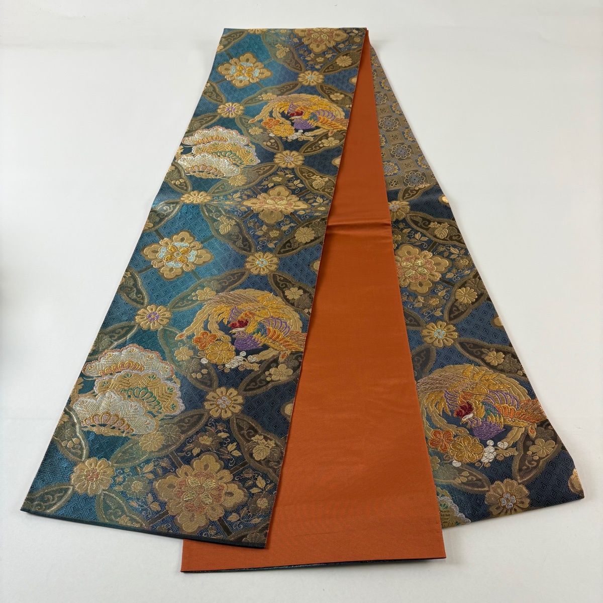 美品】 袋帯 秀品 艶飾箔 本金箔 鳳凰 笠松 唐織 箔 水色 六通 正絹