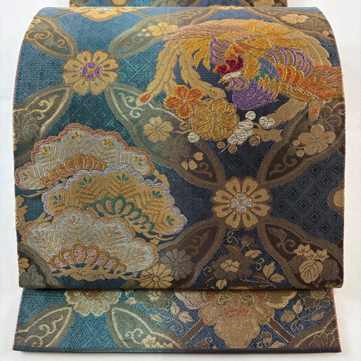 袋帯 秀品 艶飾箔 本金箔 鳳凰 笠松 唐織 箔 水色 六通 正絹
