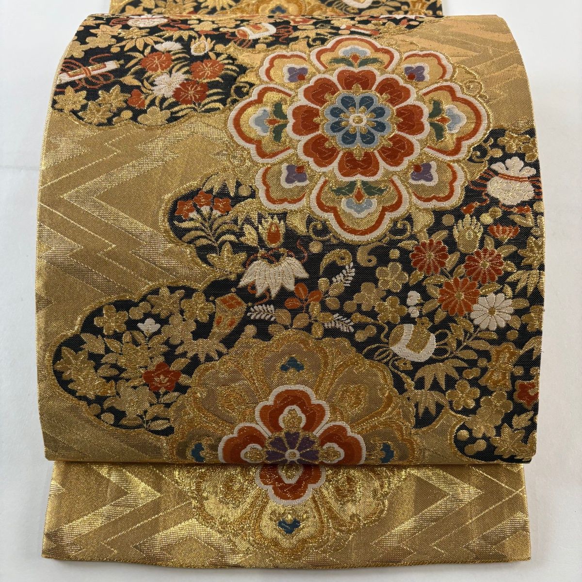 袋帯　宝尽くし　六通 美品】 袋帯 秀品 華文 宝尽くし 唐織 箔 金色 六通 正絹 【中古