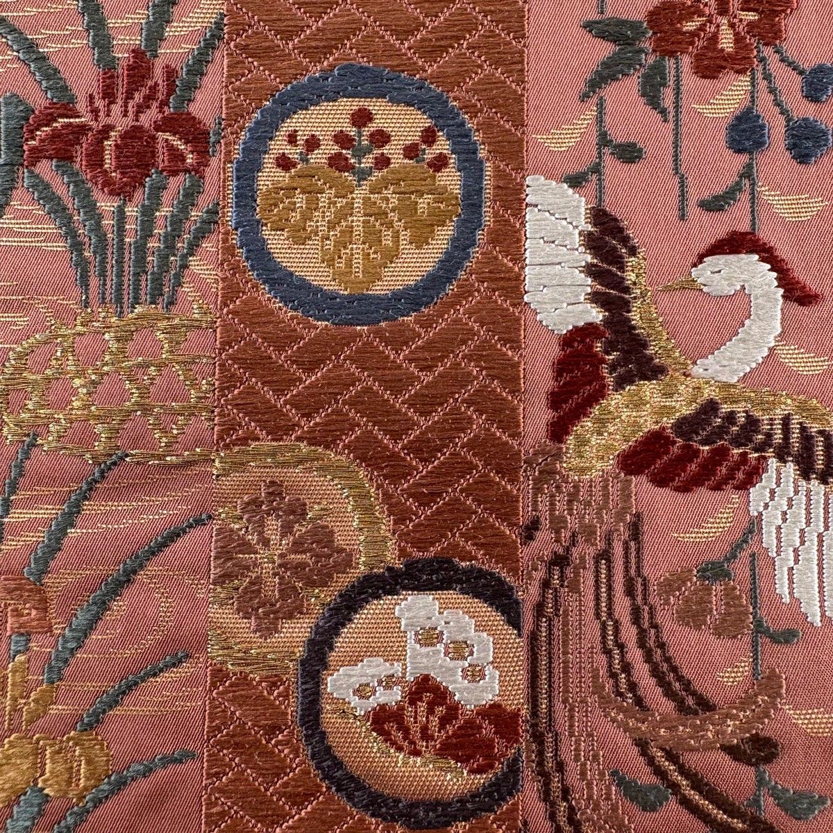 袋帯 秀品 花鳥 蝶 唐織 箔 ピンク 六通 正絹