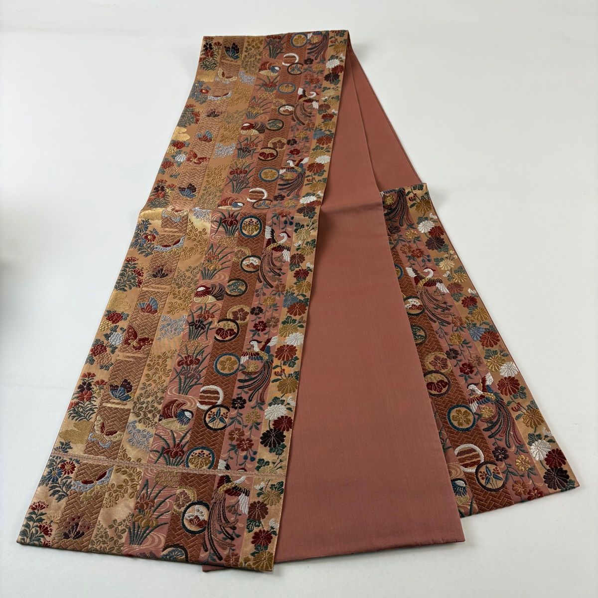  袋帯 秀品 花鳥 蝶 唐織 箔 ピンク 六通 正絹 袋帯 帯