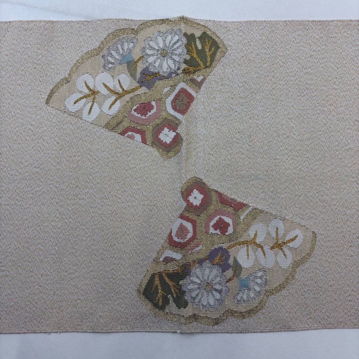  名古屋帯 秀品 八寸名古屋帯 松葉仕立て 秋草 七宝 金銀糸 箔 クリーム 正絹 名古屋帯 帯