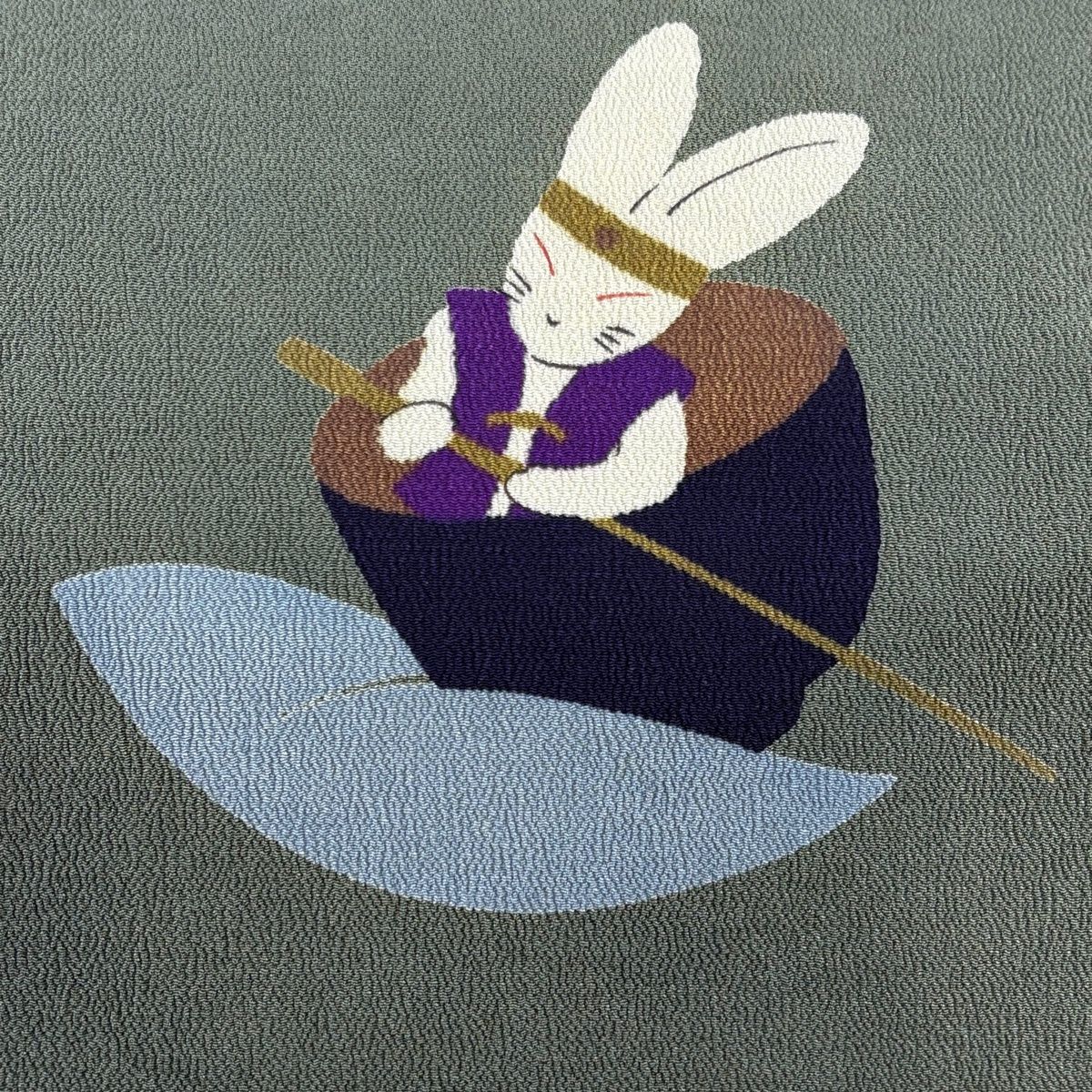 名古屋帯 うさぎ お椀 縮緬 灰緑 正絹