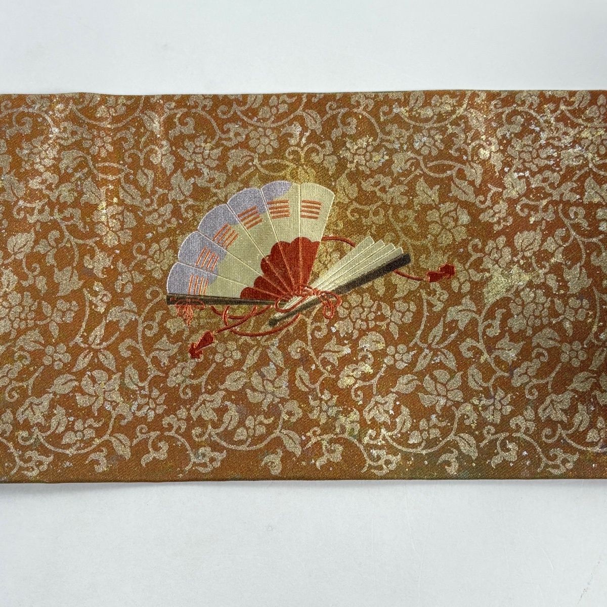  名古屋帯 扇 笛 金銀彩 螺鈿 茶色 正絹 名古屋帯 帯