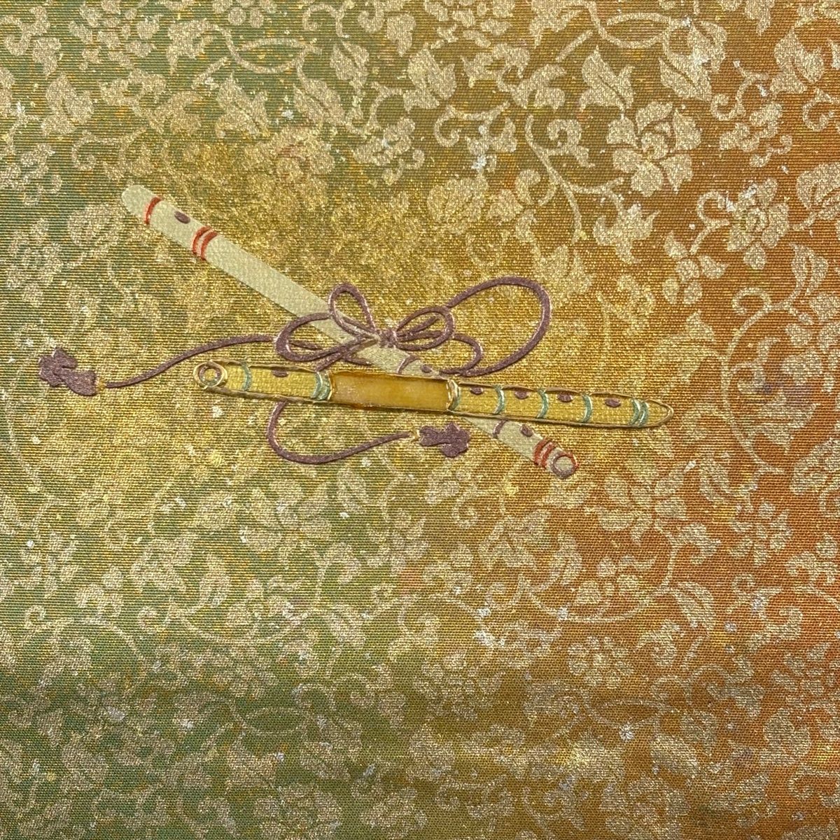 名古屋帯 扇 笛 金銀彩 螺鈿 茶色 正絹