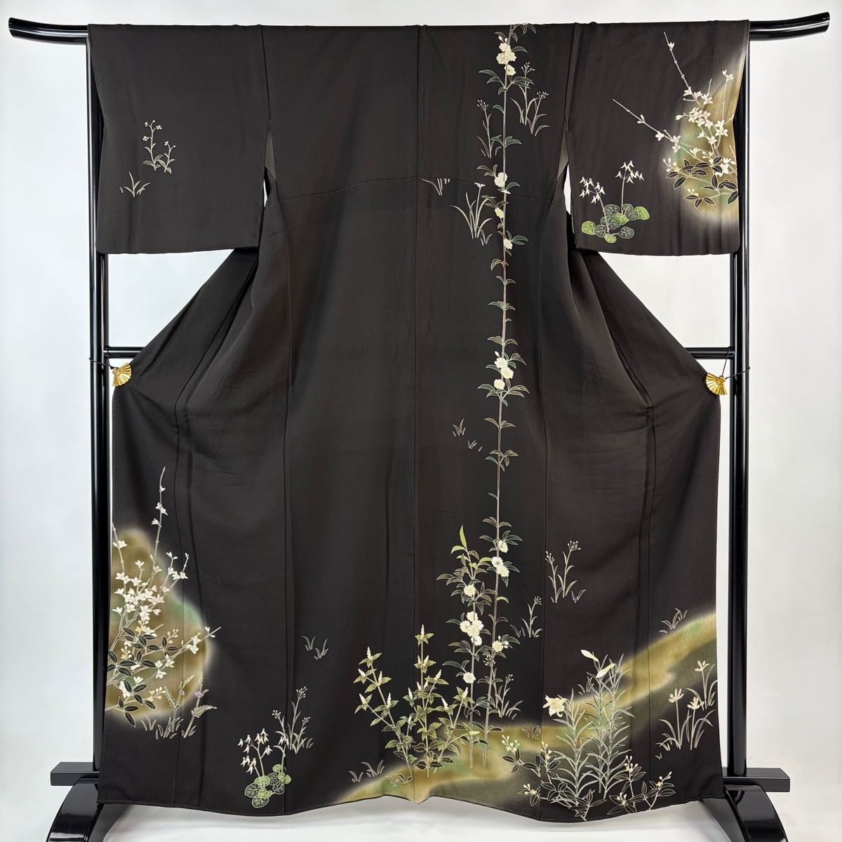 訪問着 身丈162cm 裄丈66.5cm M 袷 枝花 草花 ぼかし 金彩 墨色 正絹
