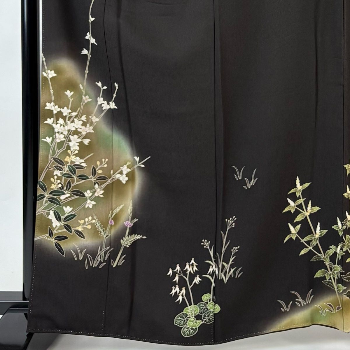 訪問着 身丈162cm 裄丈66.5cm M 袷 枝花 草花 ぼかし 金彩 墨色 正絹