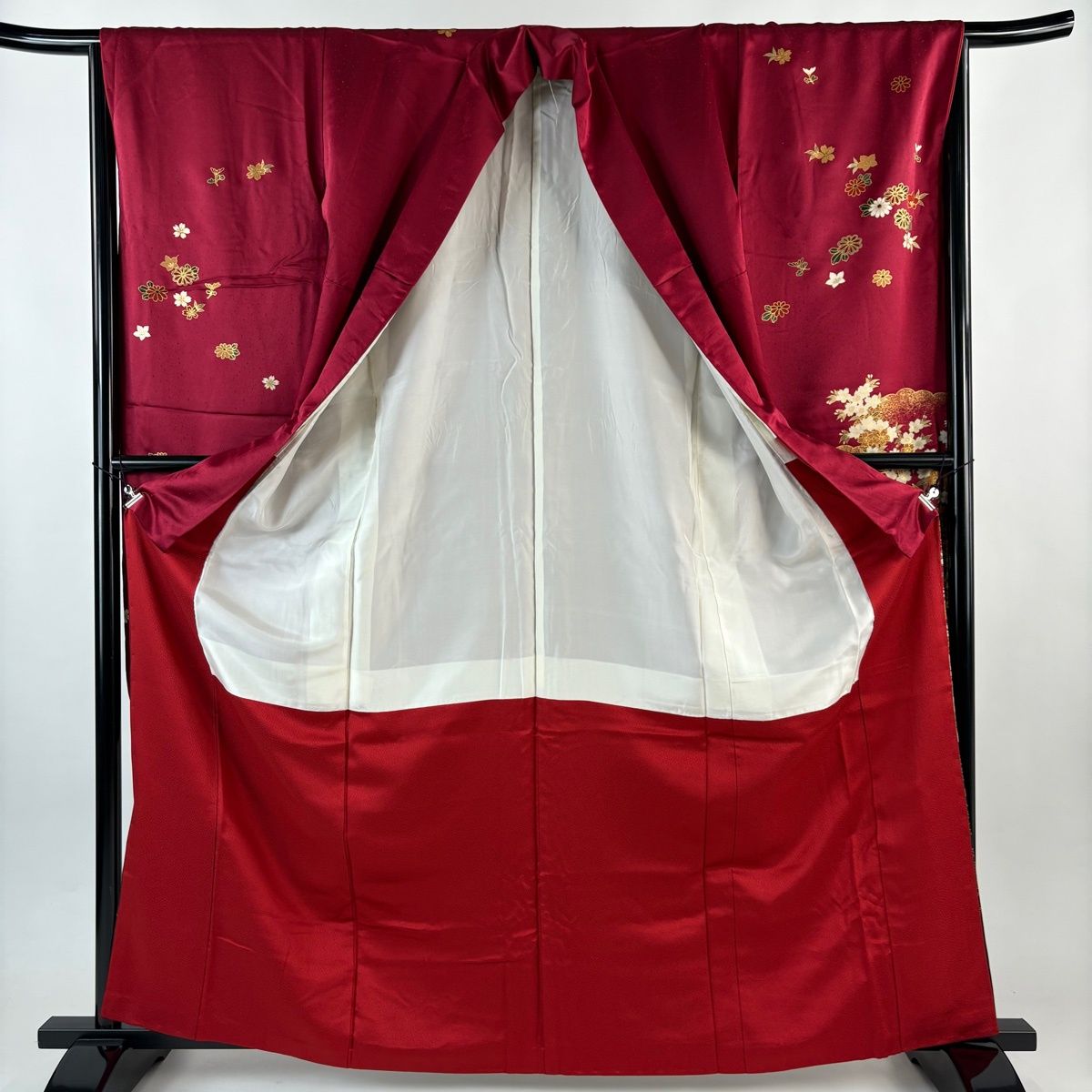  振袖 身丈165 cm 裄丈66 M 袷 御所車 草花 金彩 染め分け 赤 正絹 振袖 着物