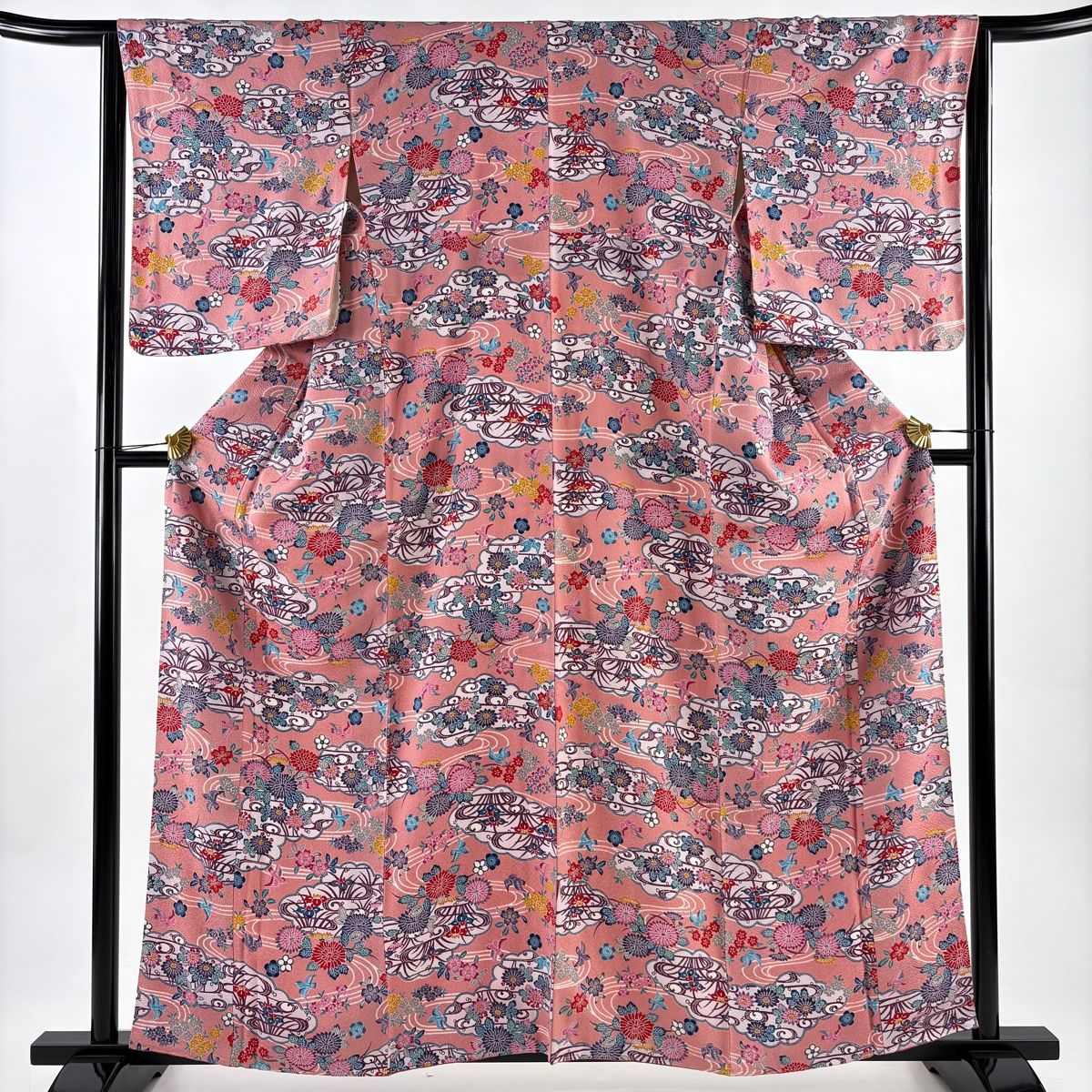 小紋 身丈161 cm 裄丈64 M 袷 雲文 花鳥 ピンク 正絹