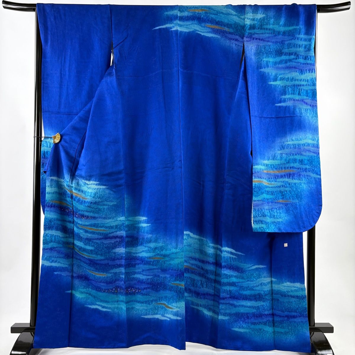 振袖 身丈164 cm 裄丈68.5 L 袷 落款 霞 箔散らし 銀通し 絞り 青 正絹