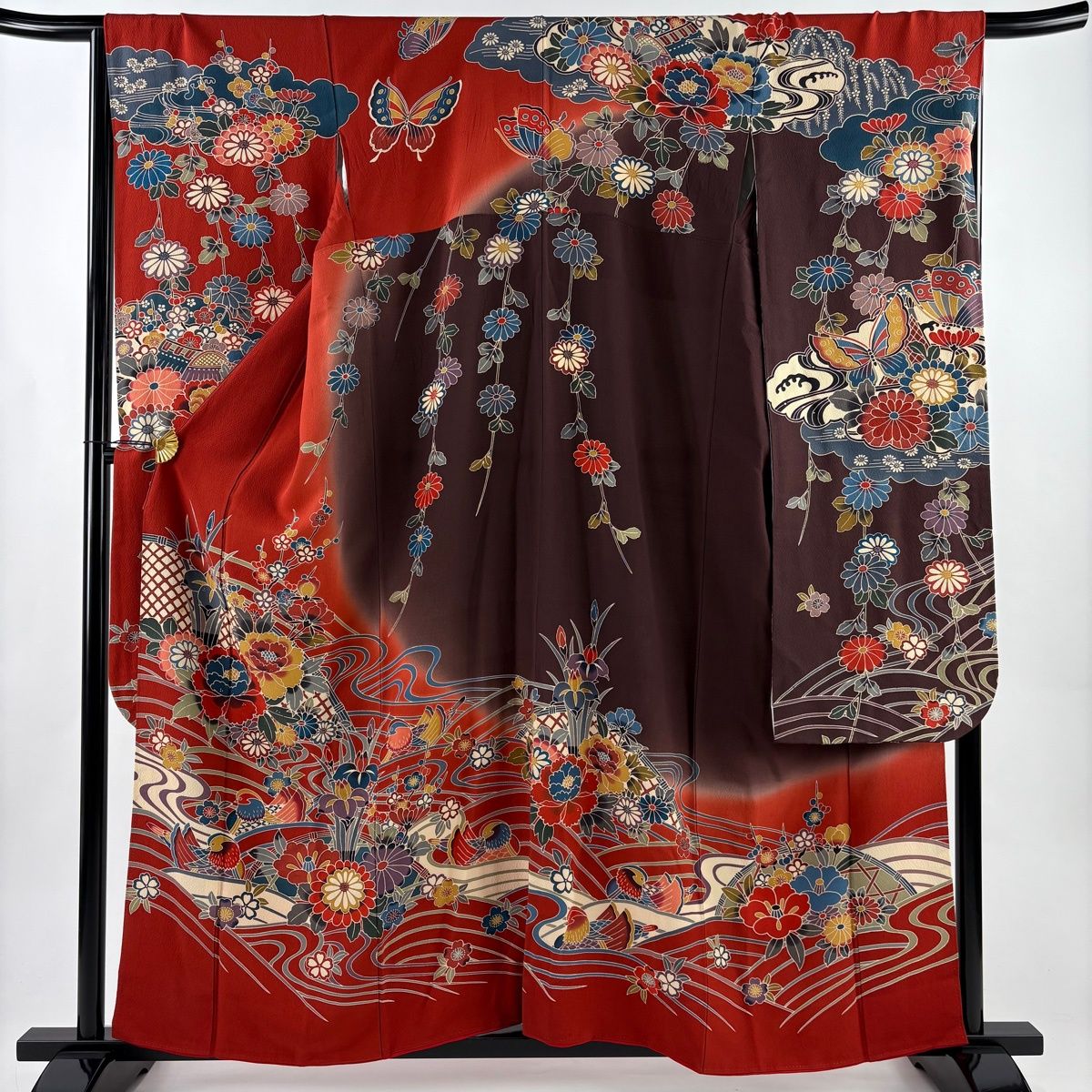 振袖 身丈160 cm 裄丈67 5 L 袷 牡丹 鴛鴦 染め分け ぼかし 朱色 正絹