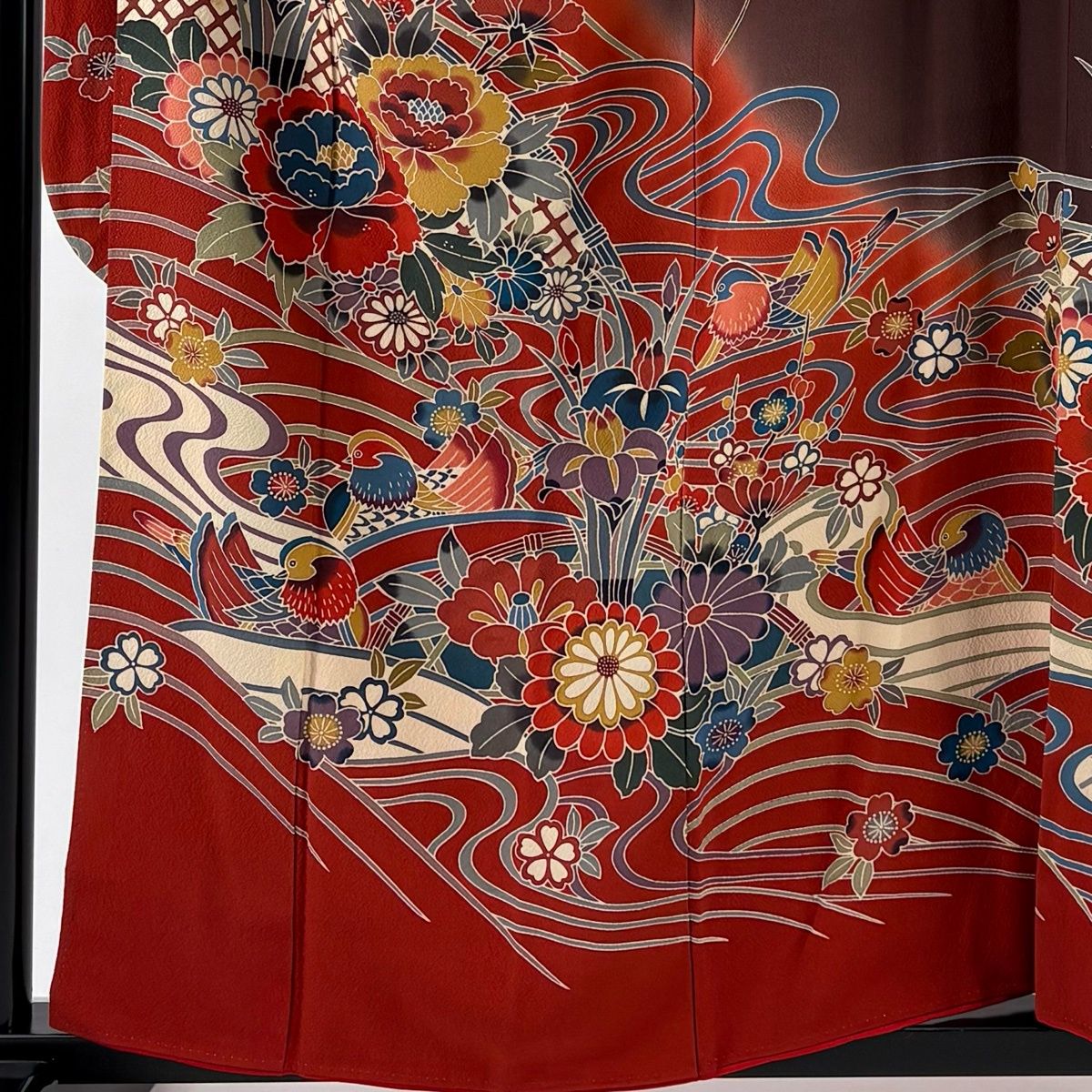 振袖 身丈160 cm 裄丈67.5 L 袷 牡丹 鴛鴦 染め分け ぼかし 朱色 正絹