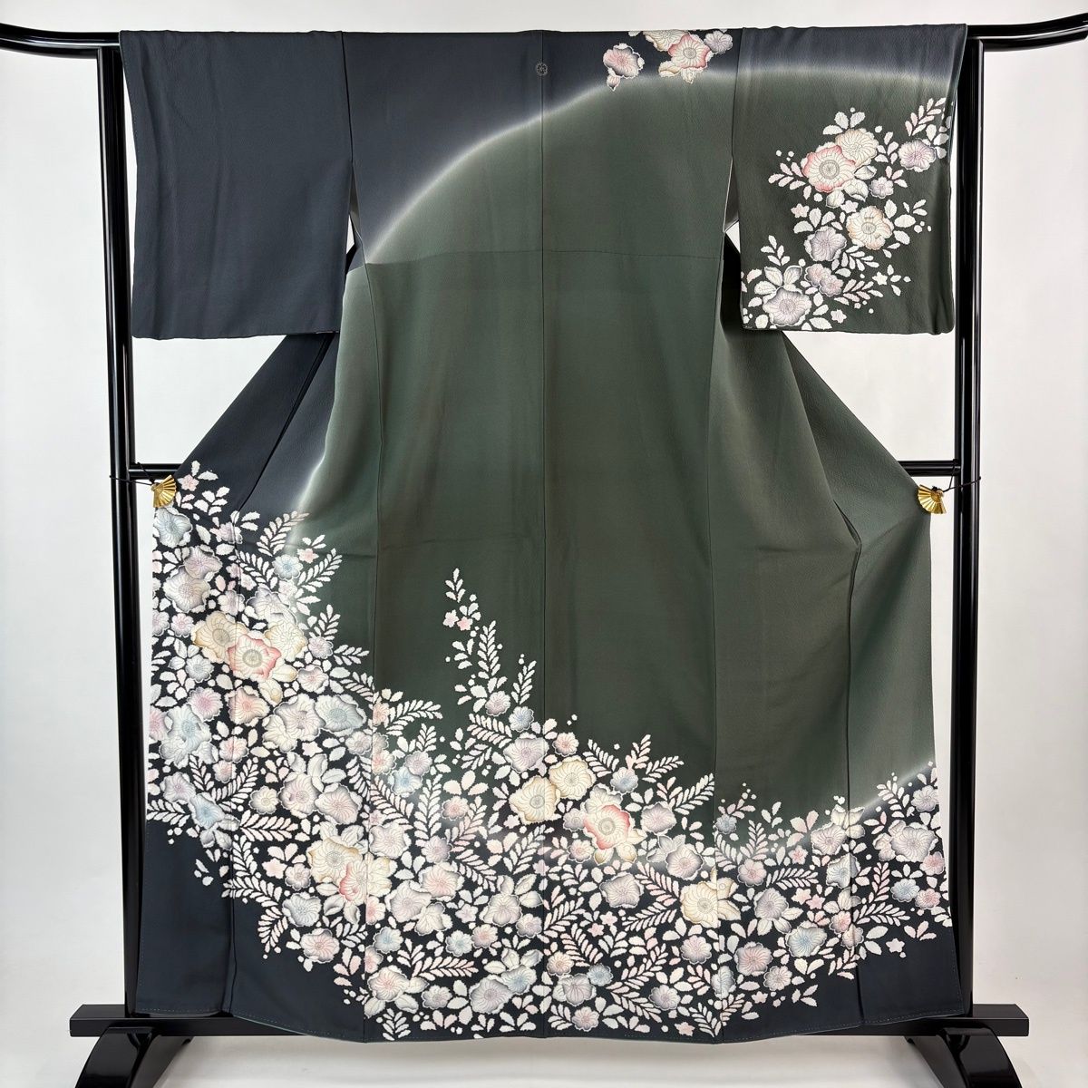 訪問着 身丈161cm 裄丈63cm S 袷 辻が花柄 染め分け ぼかし 深緑 正絹