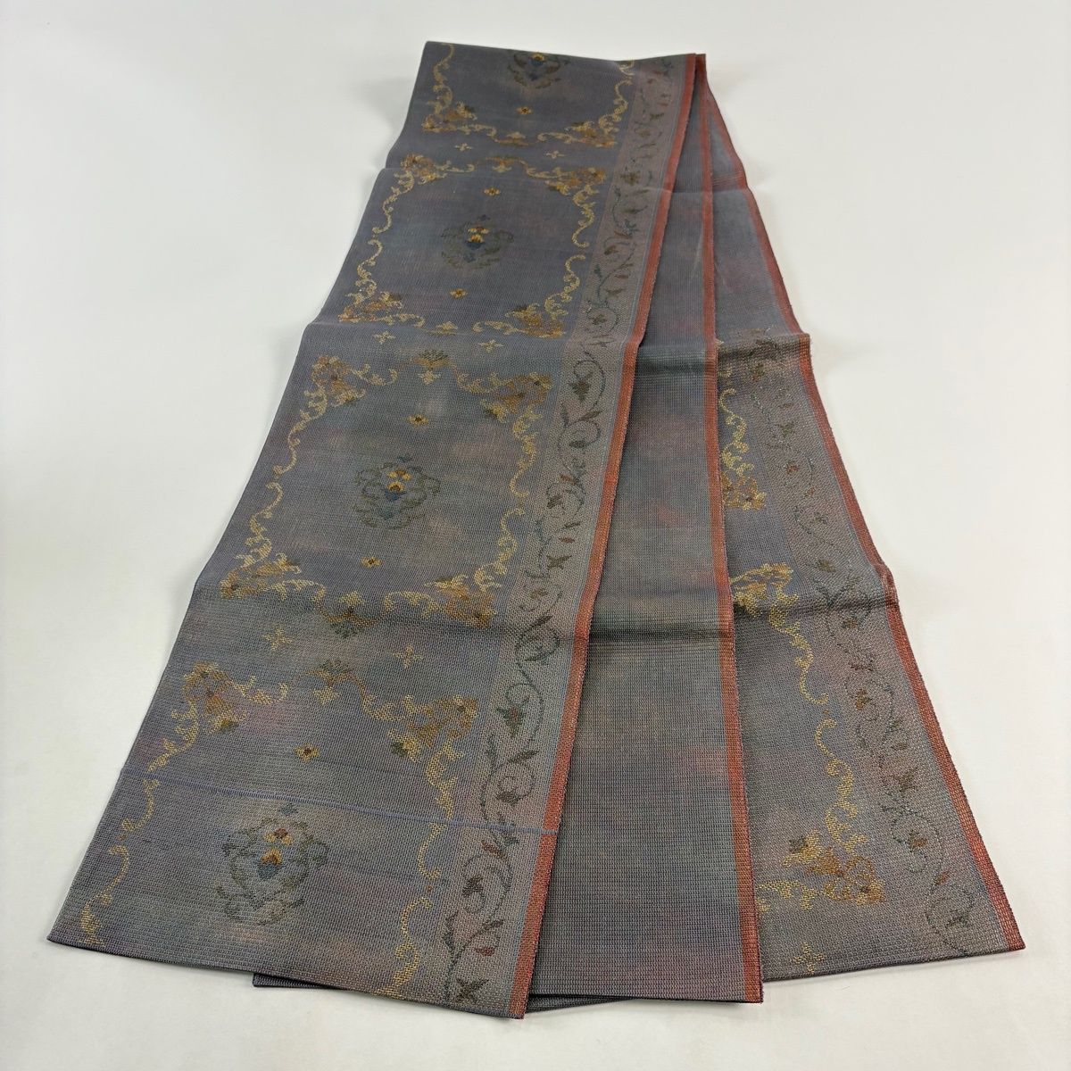 袋帯　渡文　金糸 袋帯 名品 渡文 落款 草花 花唐草 金糸 箔 灰紫 六通 正絹 【中古