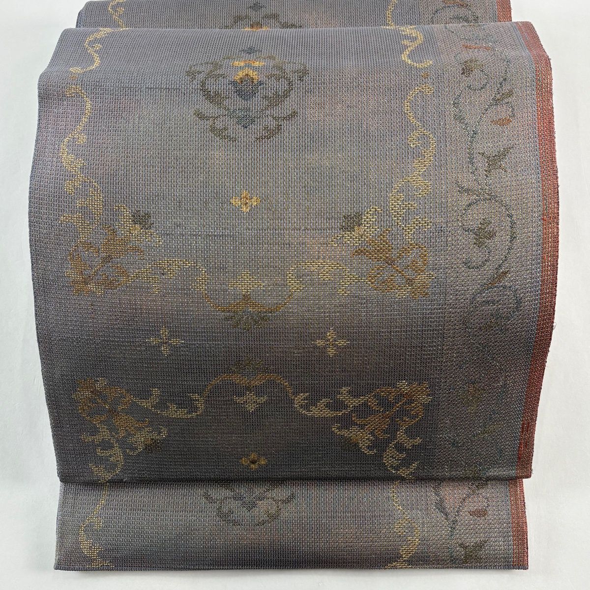 袋帯 名品 渡文 落款 草花 花唐草 金糸 箔 灰紫 六通 正絹 【中古 袋帯 名品 渡文 落款 草花 花唐草 金糸 箔 灰紫 六通 正絹 【中古